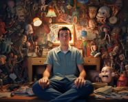 A person with bipolar disorder is sitting in a room surrounded by objects