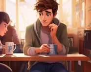 A person with social anxiety is sitting alone in a crowded coffee shop