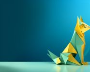 A fox origami model on a blue background