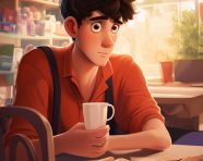 Shy person sits alone in coffee shop