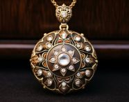 A pendant with diamonds on a brown surface