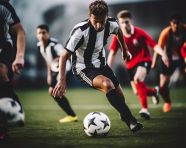 The soccer player is dribbling the ball through a crowd