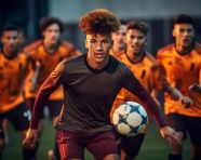 Soccer player takes on the defense