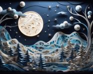 Paper art of trees and mountains at night
