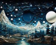Paper art night scene of trees and mountains