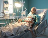 A man is sitting in a hospital bed hooked up to a ventilator