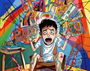 A young boy is sitting in his room drawing a picture of his fears