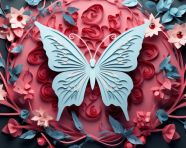 A pink paper butterfly made with flowers and leaves