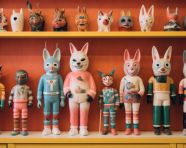 Several figurines on a shelf in the shop