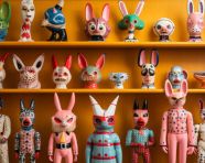 Colorful figurines on a shelf