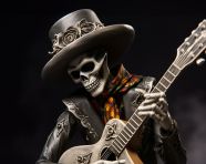 Skeleton playing guitar in sombrero and hat