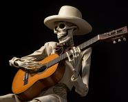 Skeleton in sombrero plays guitar