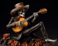 Guitarist skeleton in traditional costume