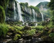 Rushing waterfall over rocky cliffs
