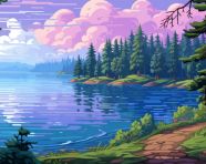 Lake landscape in pixel art style