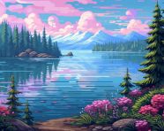 Pixel art style lake landscape with trees and water