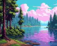 Pixelated forest and lake