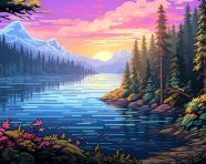 A pixel painting of a lake with trees on the side