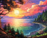 Digital painting of a lake with trees