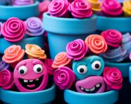 Small colored rubber flower pots with faces on them