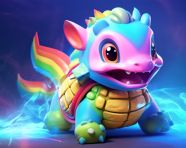 A cartoon toy turtle with a rainbow over it