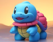 A small blue toy turtle with a rainbow rainbow on its front