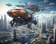 Flying car in the modern city