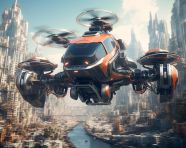 City in the sky with flying car