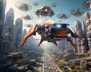 Flying car over city