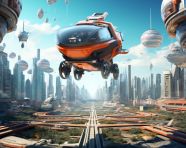 A cityscape with a flying car