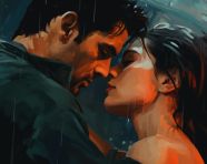 Man and woman embrace in the rain