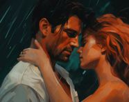 Couple walks through the rainy street