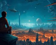 A city in an outer space landscape with spaceships and satellites