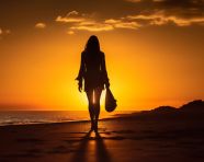 Silhouette of person walking on beach at sunset