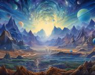 The painting of an astronomical spacetime landscape and colorful mountains