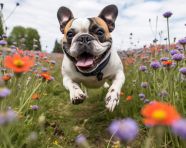 Pug enjoys a day in the tulips