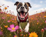 Happy dog runs through meadow