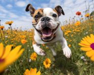 Dog frolics in field of flowers