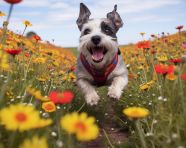 A dog running through a field of flowers