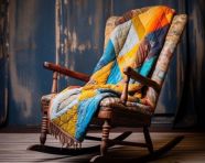 Colorful rocking chair with hand-quilted throw