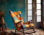 An old rocking chair with a patchwork quilt placed over it