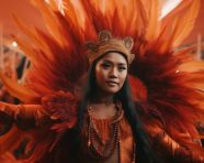 A woman is dancing in an orange feather costume in carnival costumes