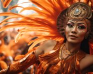 Swirling orange feathers in carnival dance