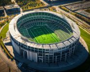 Aerial view of football stadium at sunset