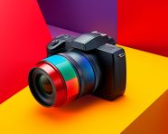 Camera product pop against colorful background