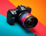 Camera product against vibrant backdrop