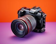 A product camera shot against a colorful background