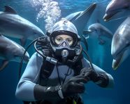 Diver and dolphins soar through the water