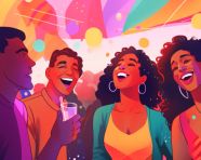 A group of people laughing and talking at a party