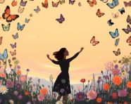 A person is standing in a field of flowers surrounded by a circle